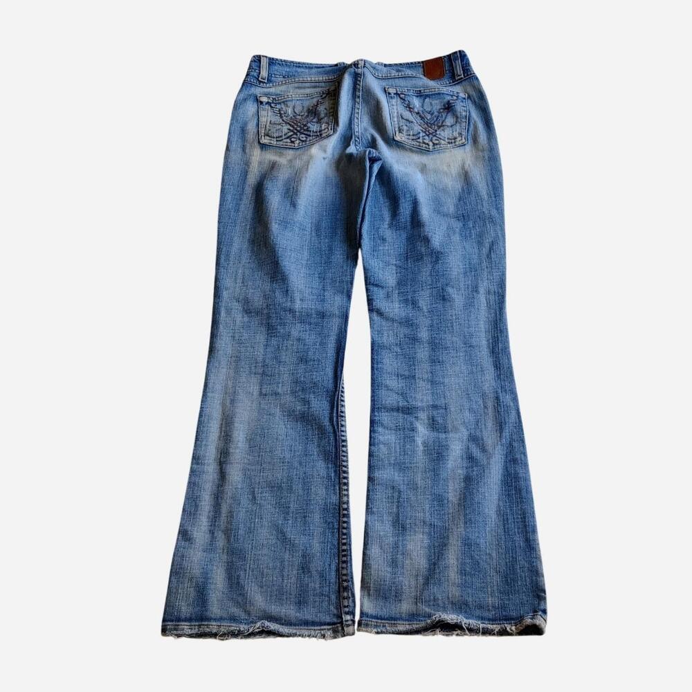 Y2K BKE blue denim bootcut jeans with unique back pockets